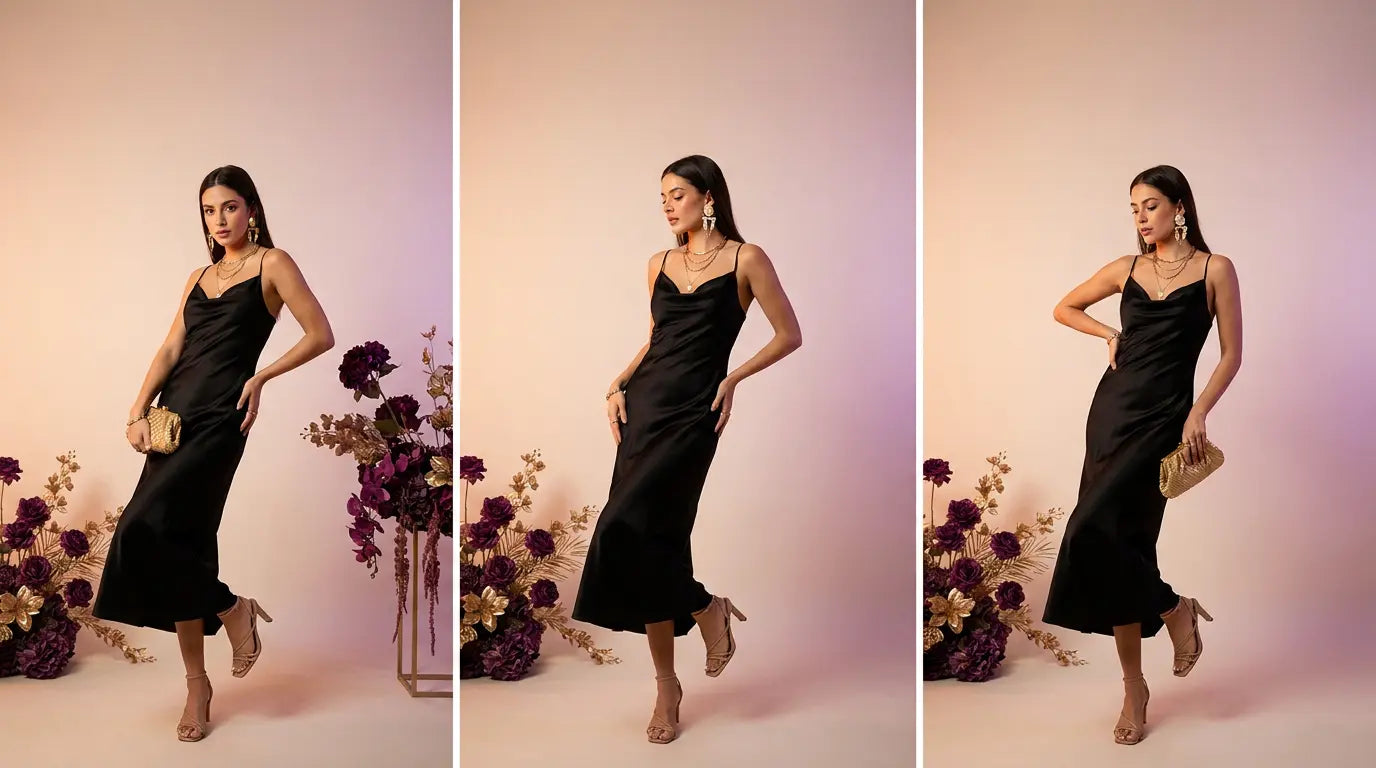 Woman in a black dress accessorized with gold jewelry and a clutch, editorial boutique styling