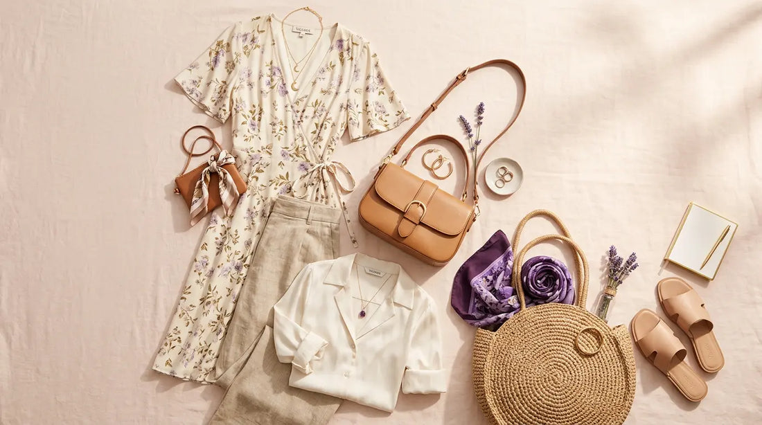 Styled boho-luxe capsule wardrobe flat lay with wrap dress, leather bag, and gold jewelry