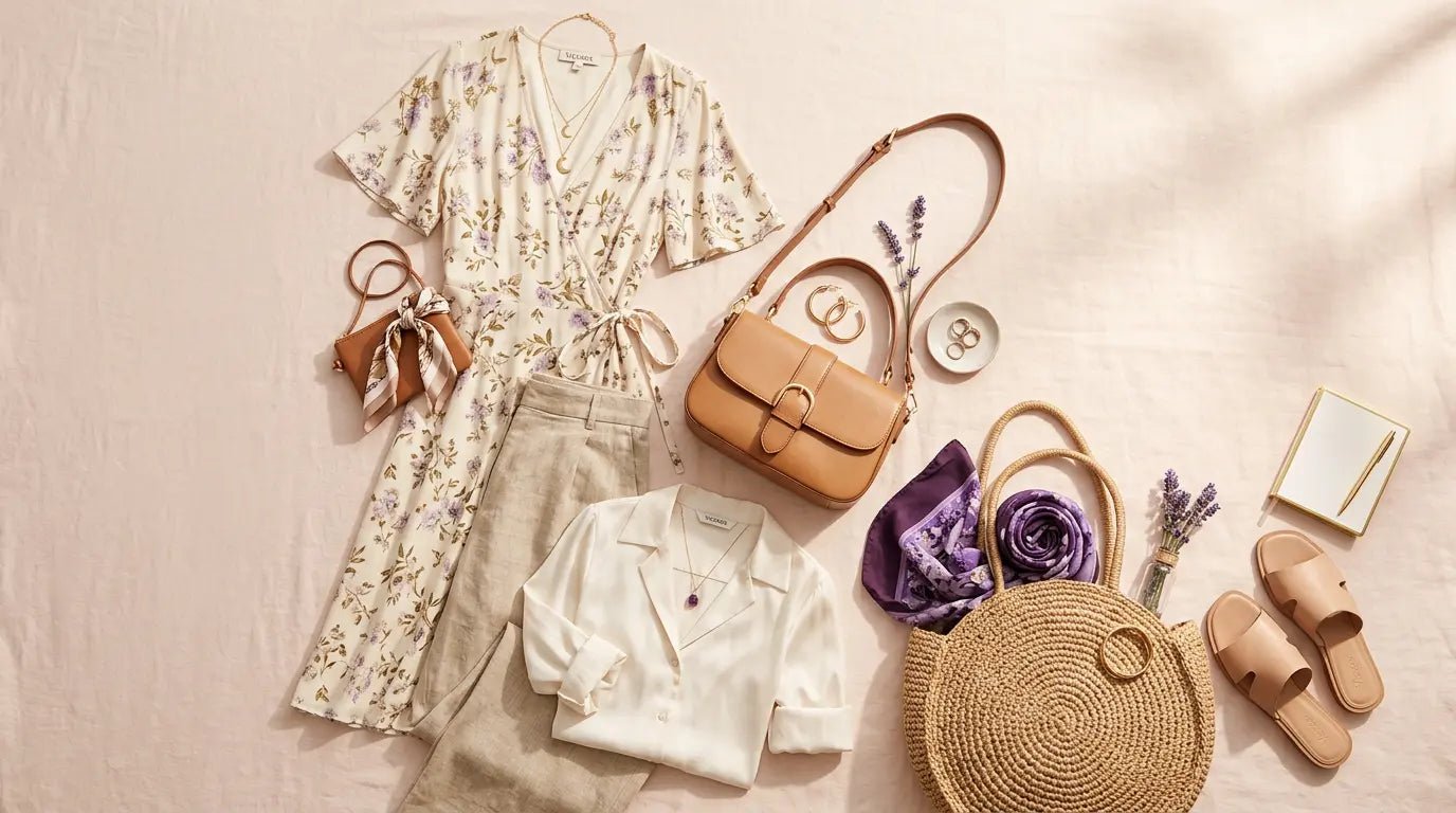 Styled boho-luxe capsule wardrobe flat lay with wrap dress, leather bag, and gold jewelry