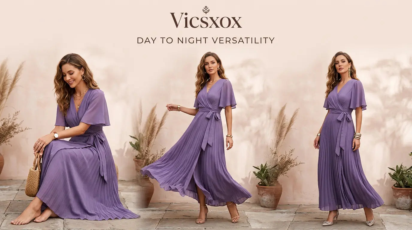 Editorial photo of a woman styling a lavender wrap dress in a boho-luxe boutique aesthetic