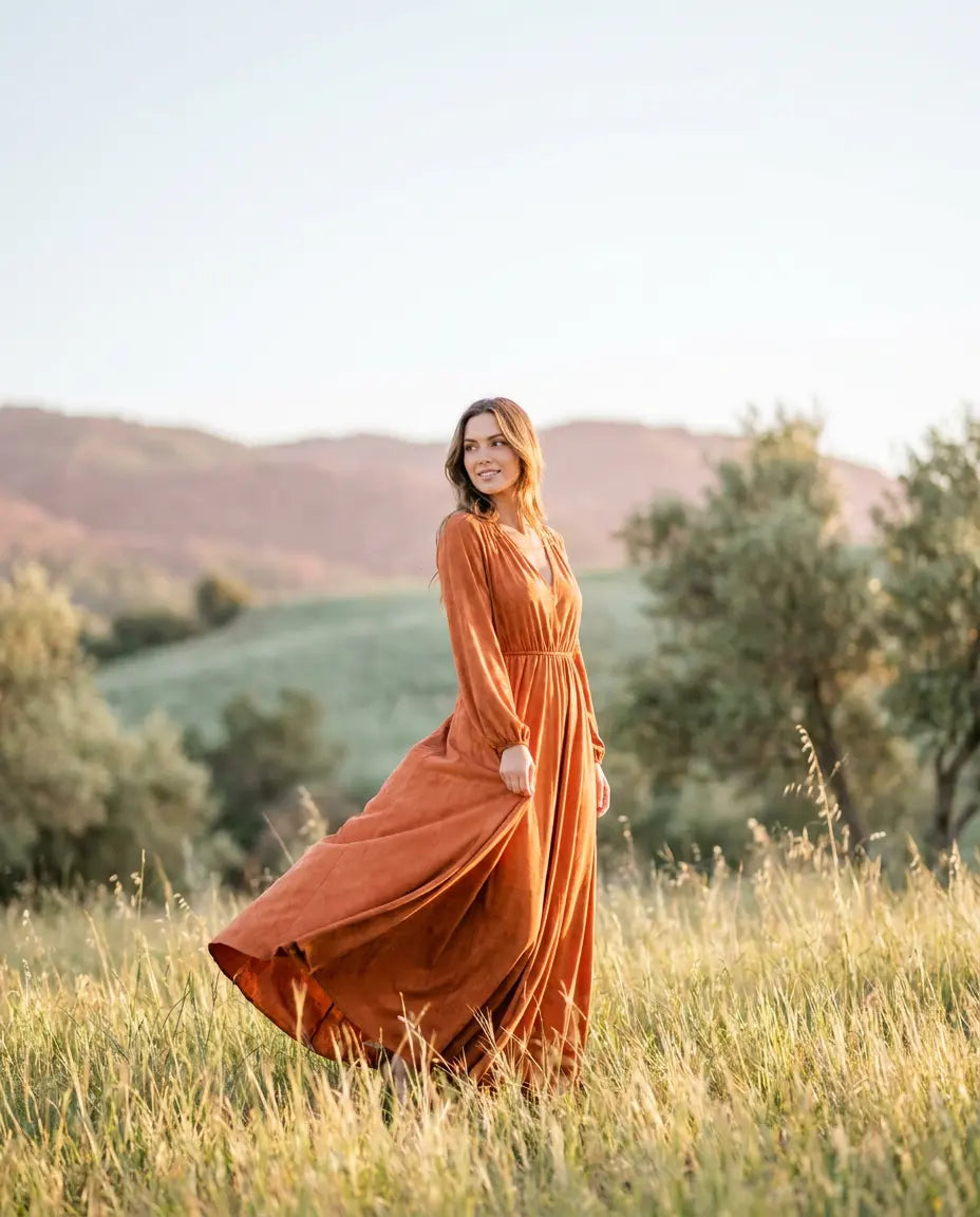 Woman wearing a flowing terracotta boho maxi dress in golden hour light, 2026 boho-luxe color trend