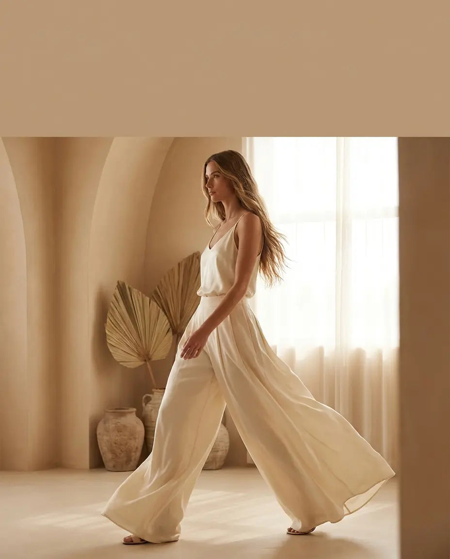 Woman wearing cream wide-leg palazzo trousers with a fitted tank top, boho-luxe styling