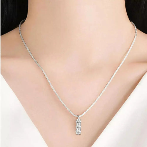 0.9ct Three-Stone Moissanite Vertical Bar Pendant Necklace in Sterling Silver Vicsxox.com 