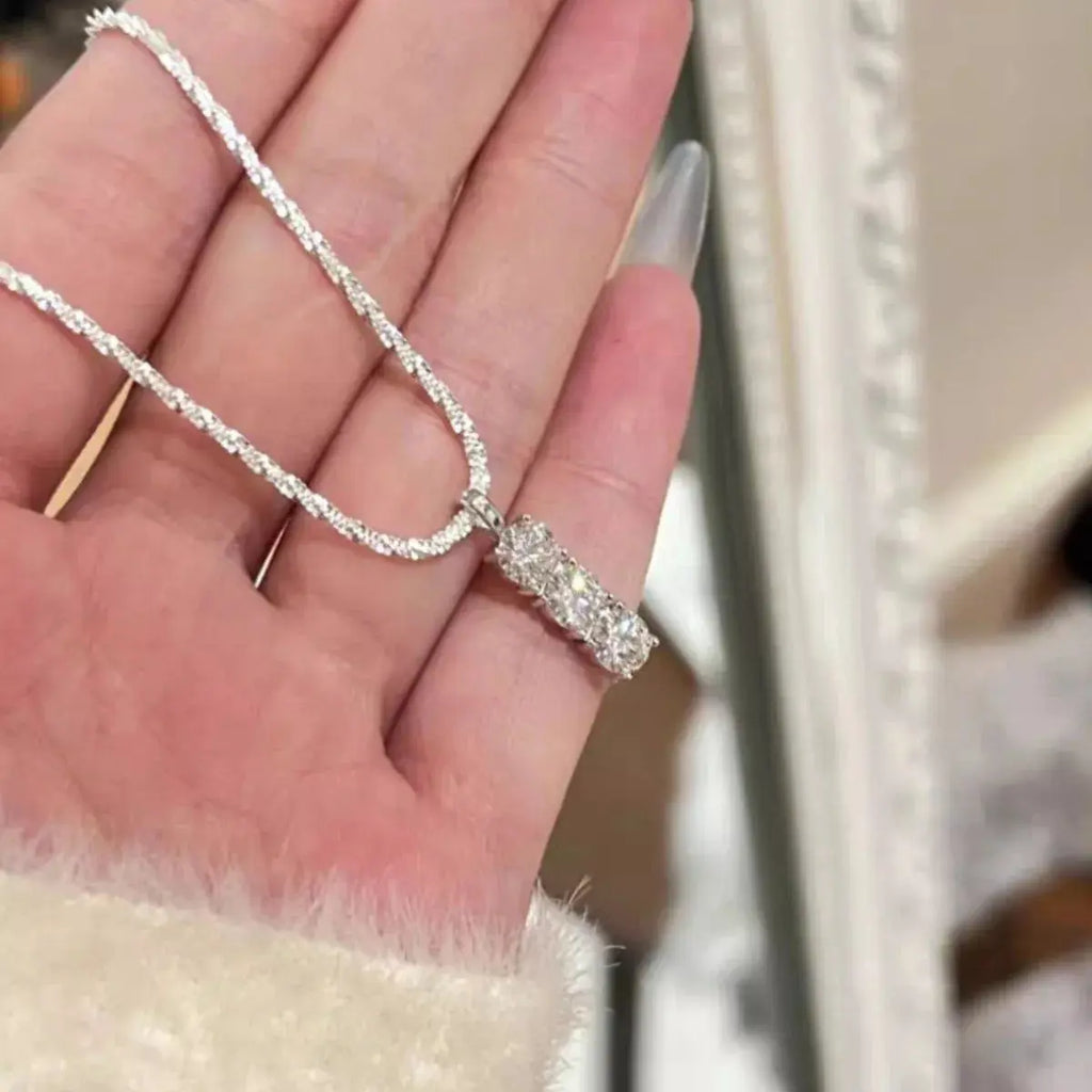 0.9ct Three-Stone Moissanite Vertical Bar Pendant Necklace in Sterling Silver Vicsxox.com