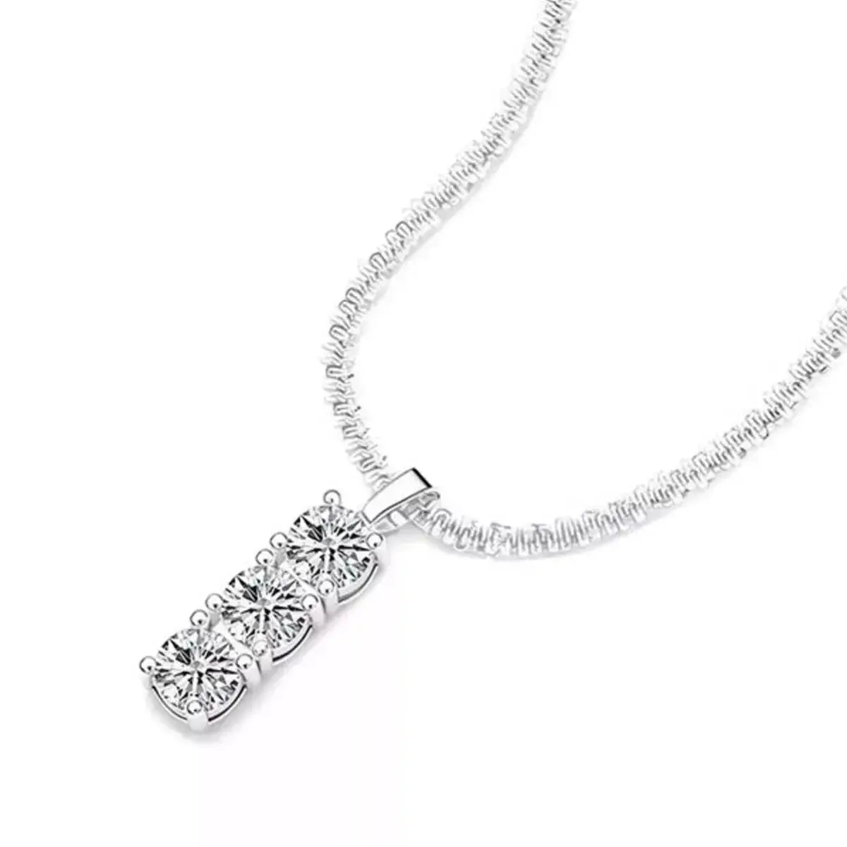 0.9ct Three-Stone Moissanite Vertical Bar Pendant Necklace in Sterling Silver Vicsxox.com
