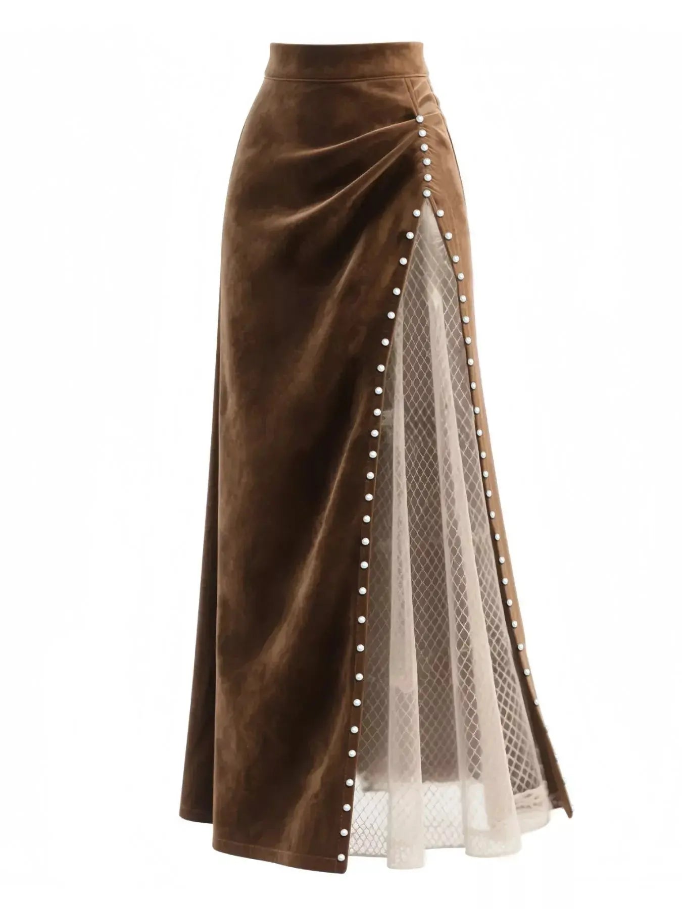 Pearl trim slit maxi skirt, front view