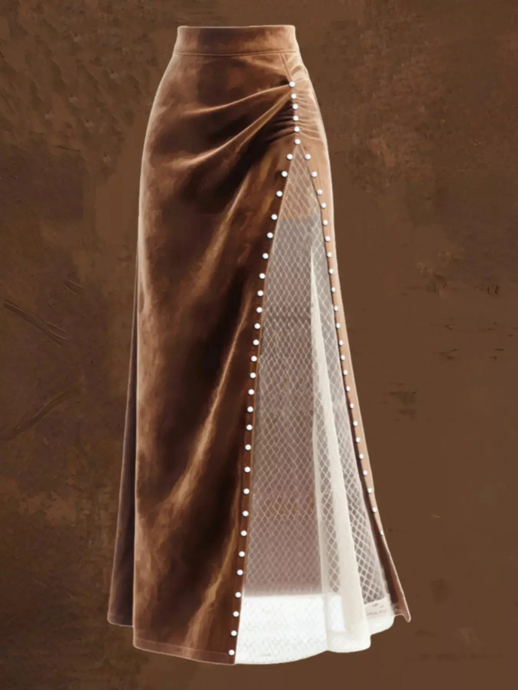Pearl trim slit maxi skirt detail