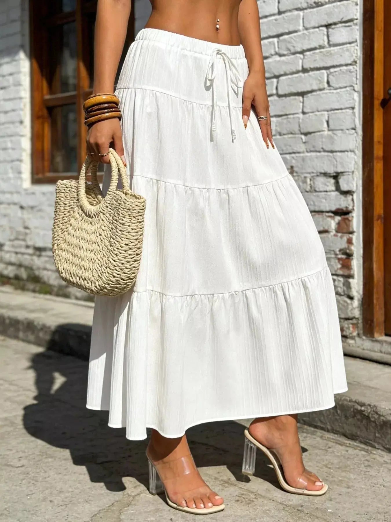 Tiered maxi skirt with drawstring waist, front view