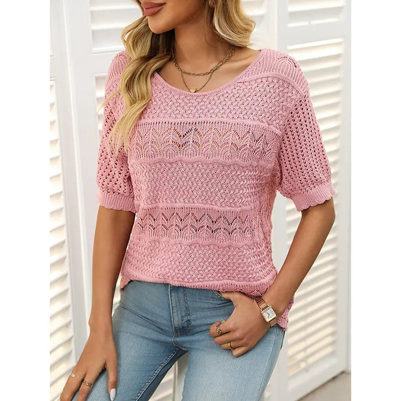 Women's Boho Crochet Knit Hollow-Out Top | Short Sleeve Summer Blouse Vicsxox