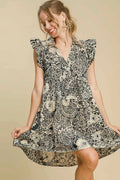 Printed ruffle cap sleeve babydoll dress, front view