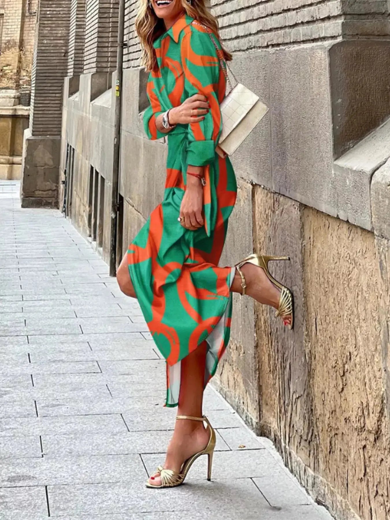 Women's Printed Shirt Dress – Collared, Tied Waist, 4 Colors Vicsxox