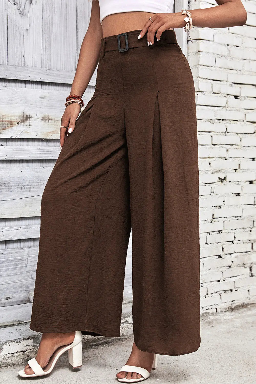 High waisted wide leg pants styled on model