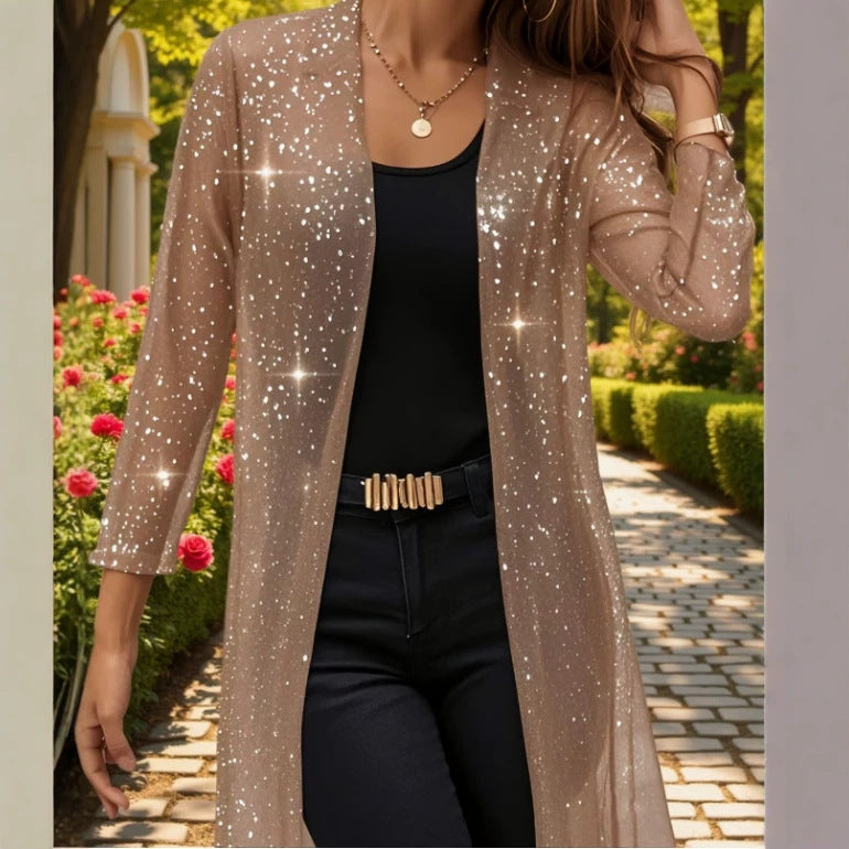 Women's Shimmering Mesh Long Open-Front Cardigan