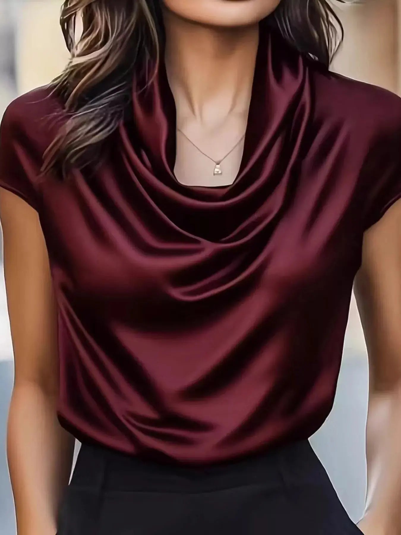Women's Satin Cowl Neck Blouse – Ruched Detail, 5 Colors, S–2XL Vicsxox