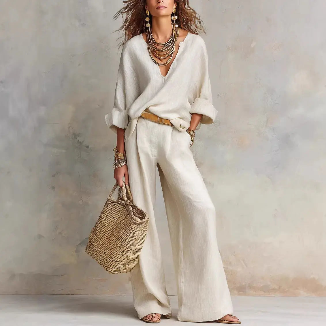 Woman in a white outfit holding a straw bag against a textured wall.