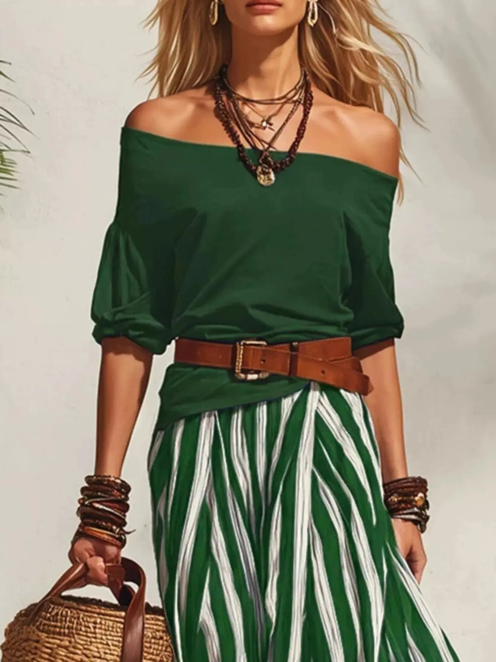 Women's Off-Shoulder Top & Striped Maxi Skirt Set – 9 Colors, S–2XL Vicsxox