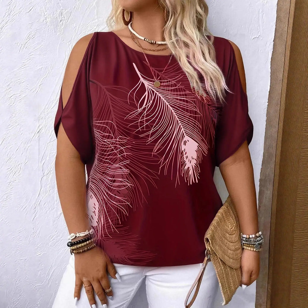 Women's Feather Print Off-Shoulder Top – Loose Fit, 4 Colors Vicsxox