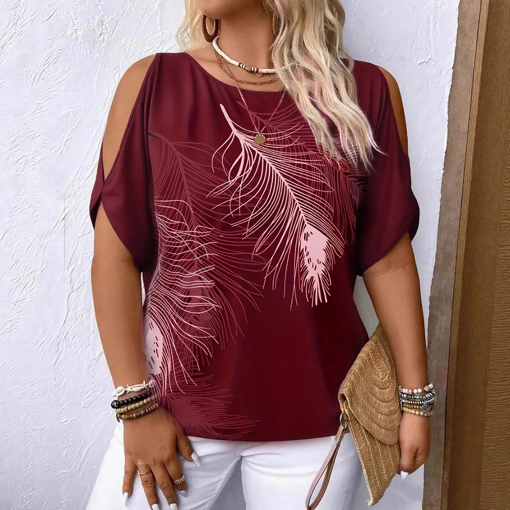 Women's Feather Print Off-Shoulder Top – Loose Fit, 4 Colors Vicsxox