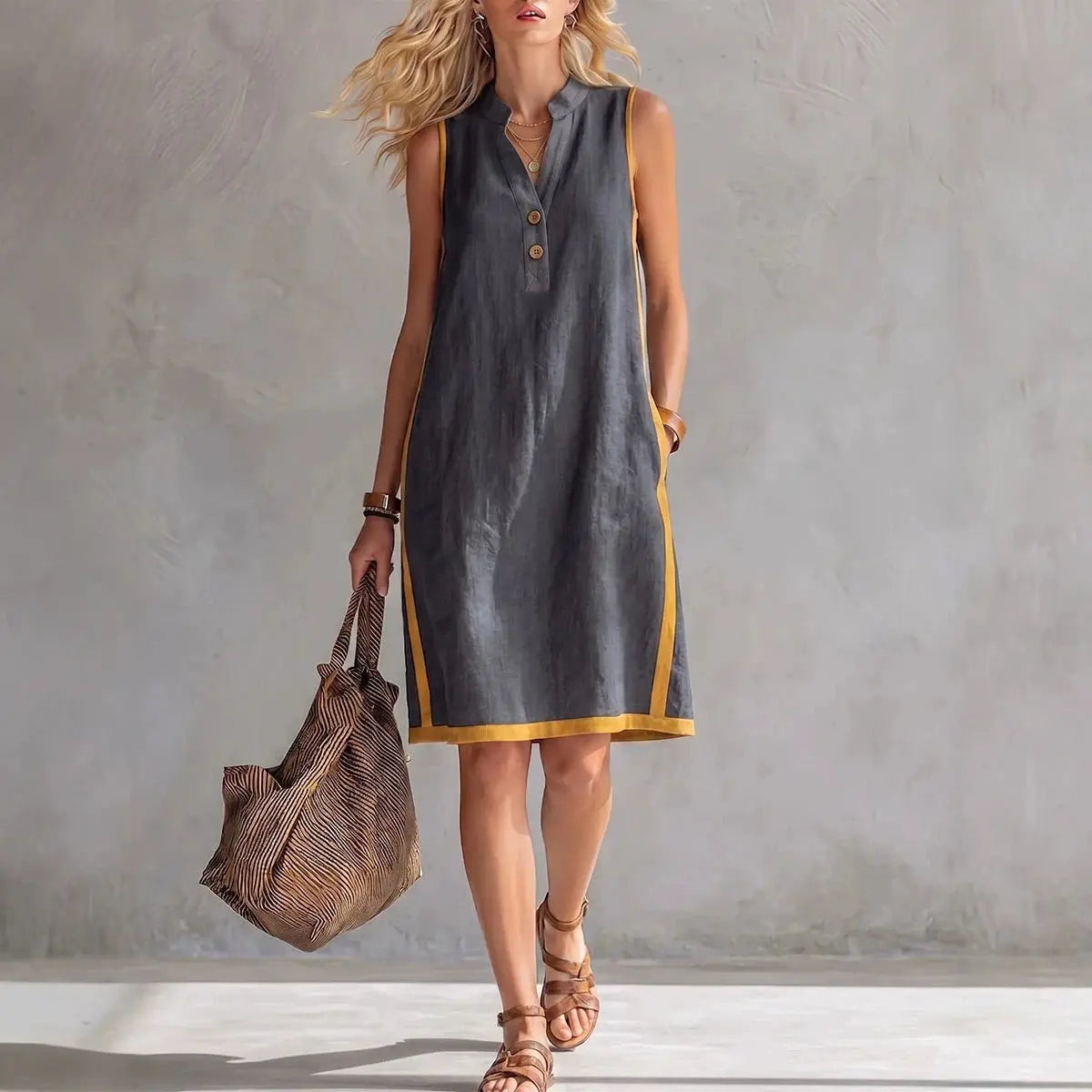 Woman wearing a sleeveless dress with yellow trim, holding a brown bag against a gray background