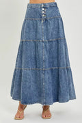 High rise ruffle long skirt, front view