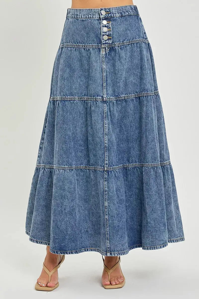 High rise ruffle long skirt, front view