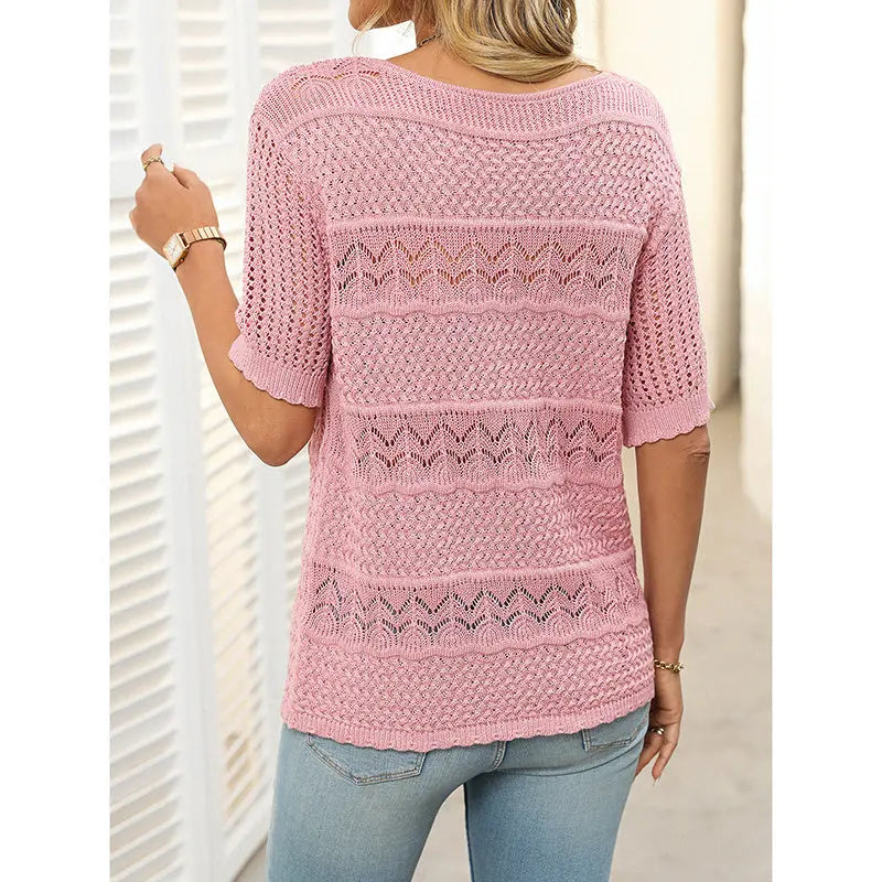 Women's Boho Crochet Knit Hollow-Out Top | Short Sleeve Summer Blouse Vicsxox