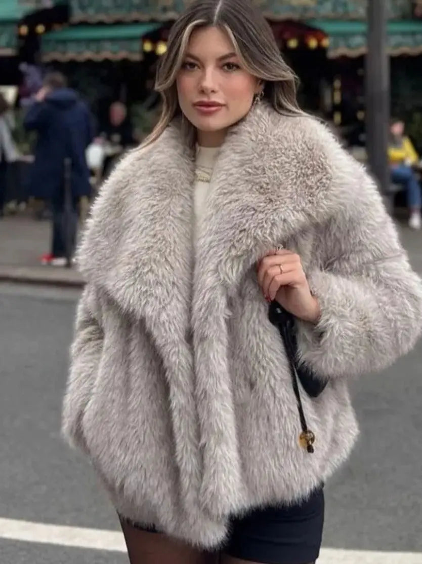 Women's Fluffy Faux Fur Coat | Oversized Lapel Jacket Vicsxox