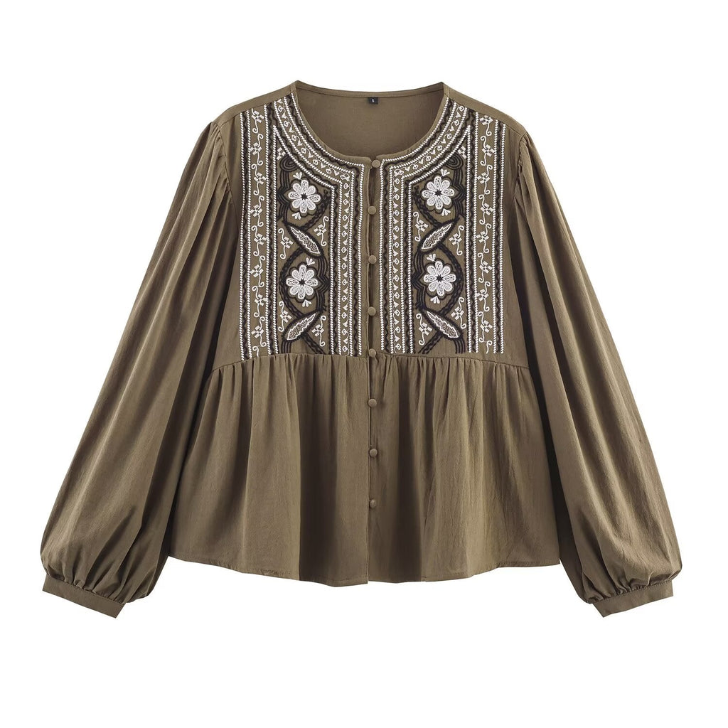 Women Clothing Autumn Artistic Ethnic Chest Embroidered round Neck Shirt