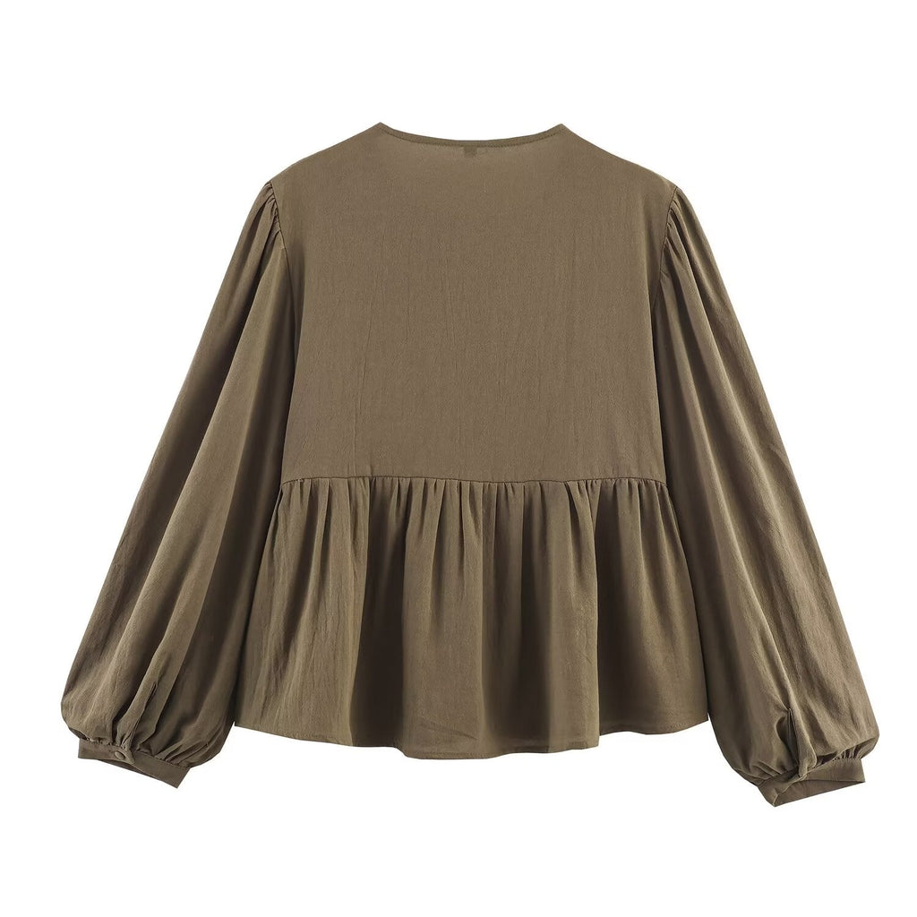 Women Clothing Autumn Artistic Ethnic Chest Embroidered round Neck Shirt