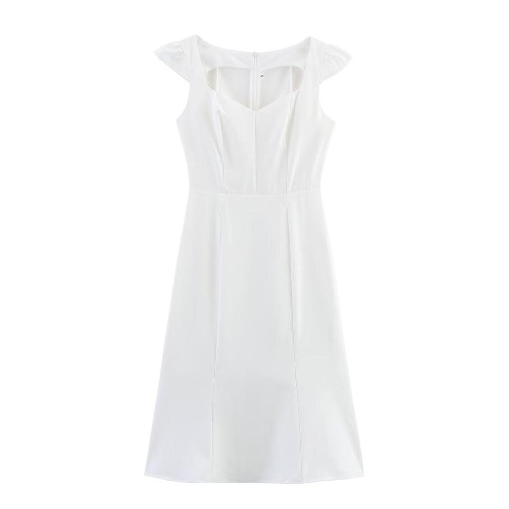 Women's White Ruched A-Line Midi Dress | Flutter Cap Sleeve Vicsxox
