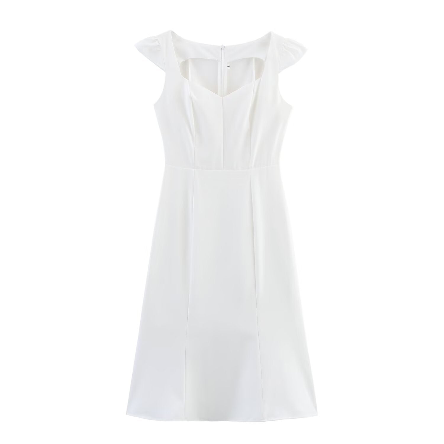 Women's White Ruched A-Line Midi Dress | Flutter Cap Sleeve Vicsxox