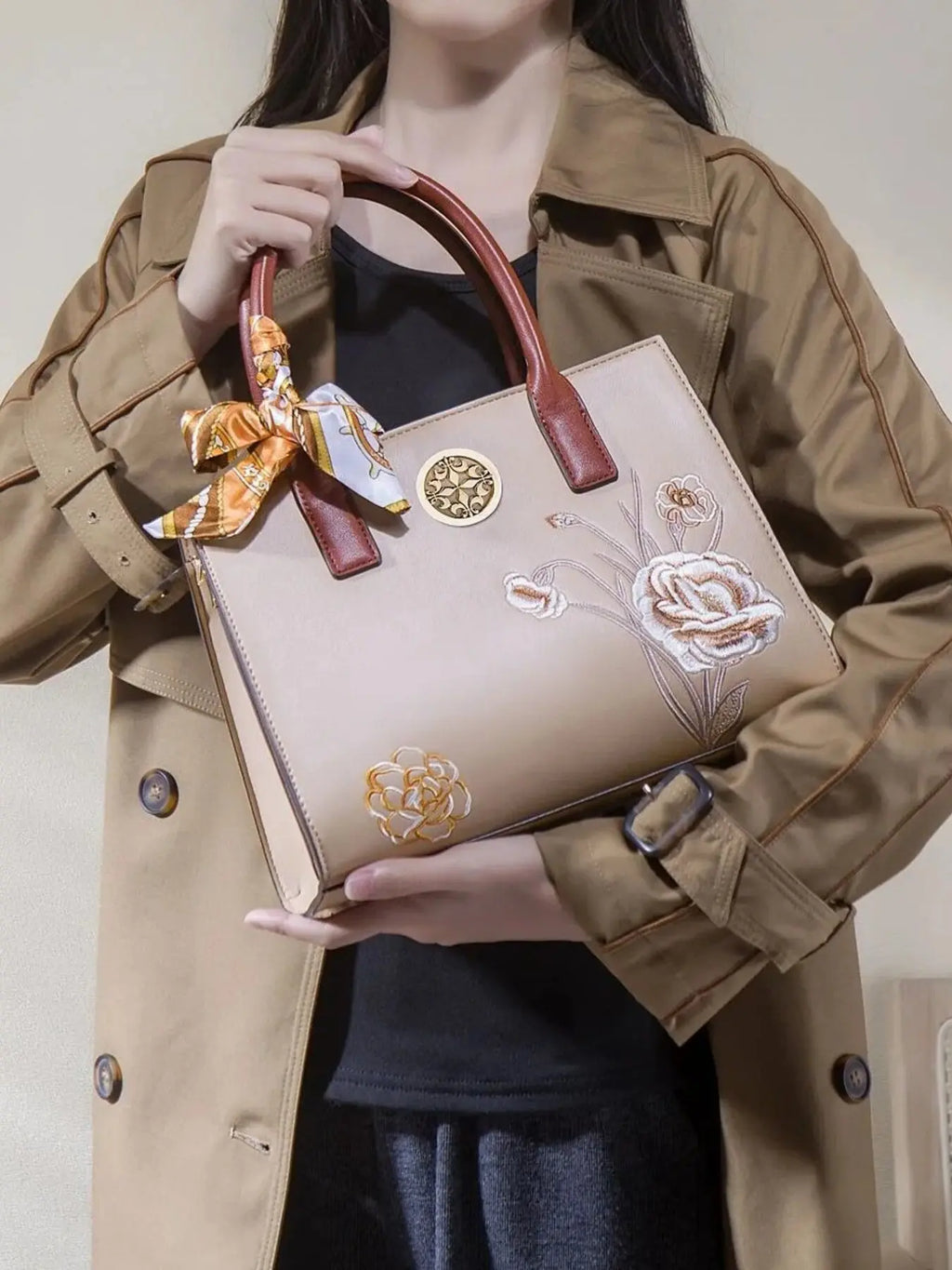 Floral embroidered top handle handbag with detachable scarf detail