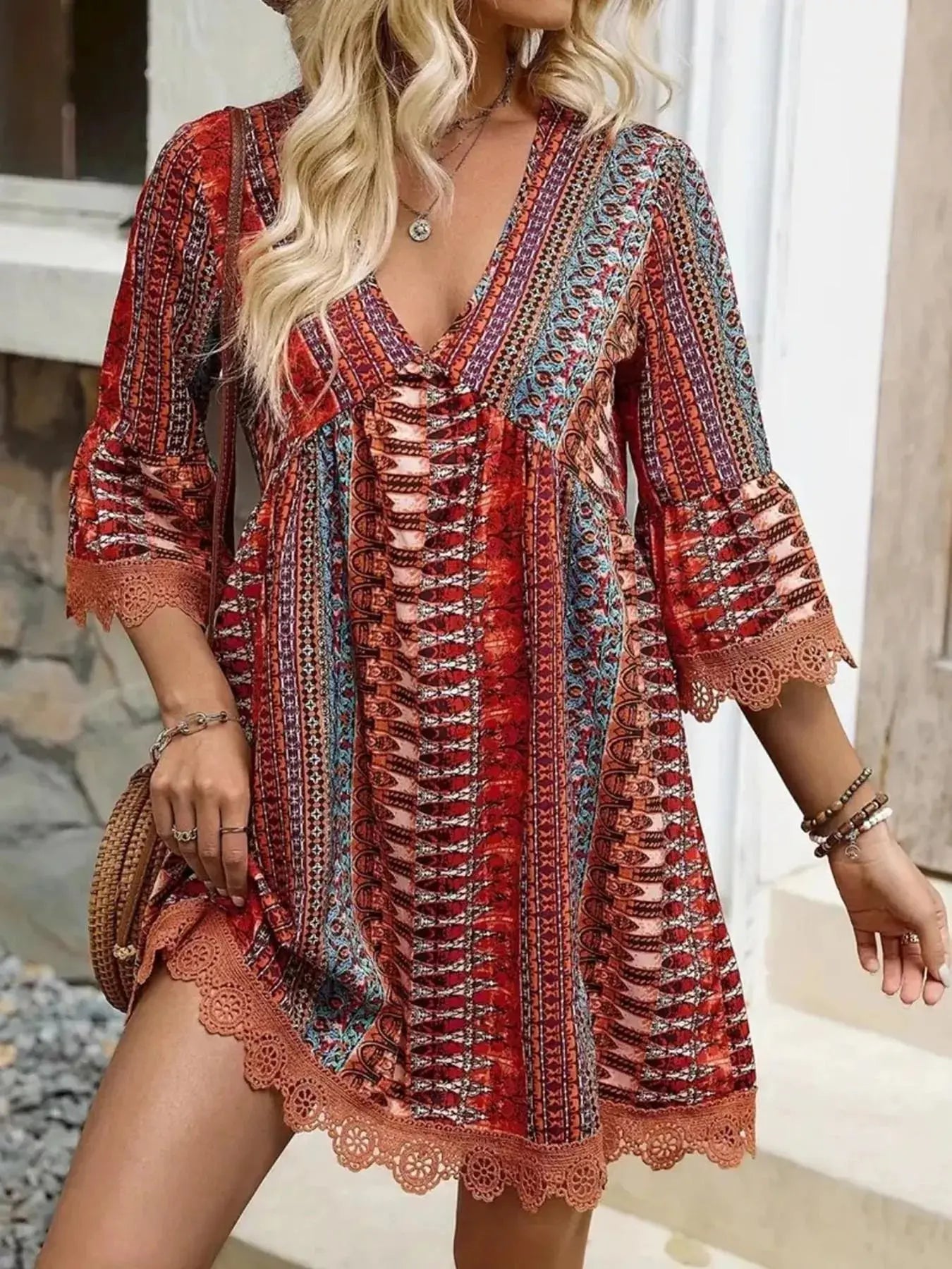 Printed V-Neck A-Line Dress Shopimist