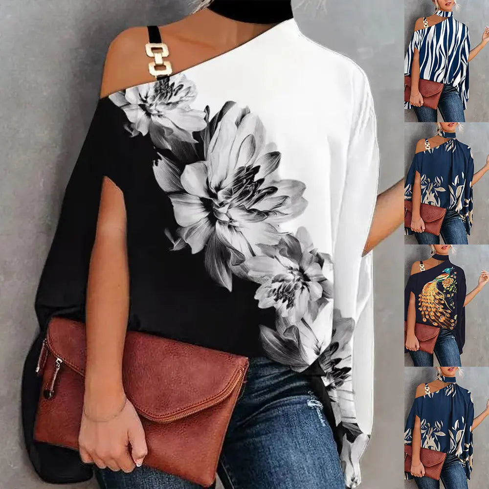 Woman wearing a black and white floral top with a brown purse, surrounded by smaller images of the same outfit.