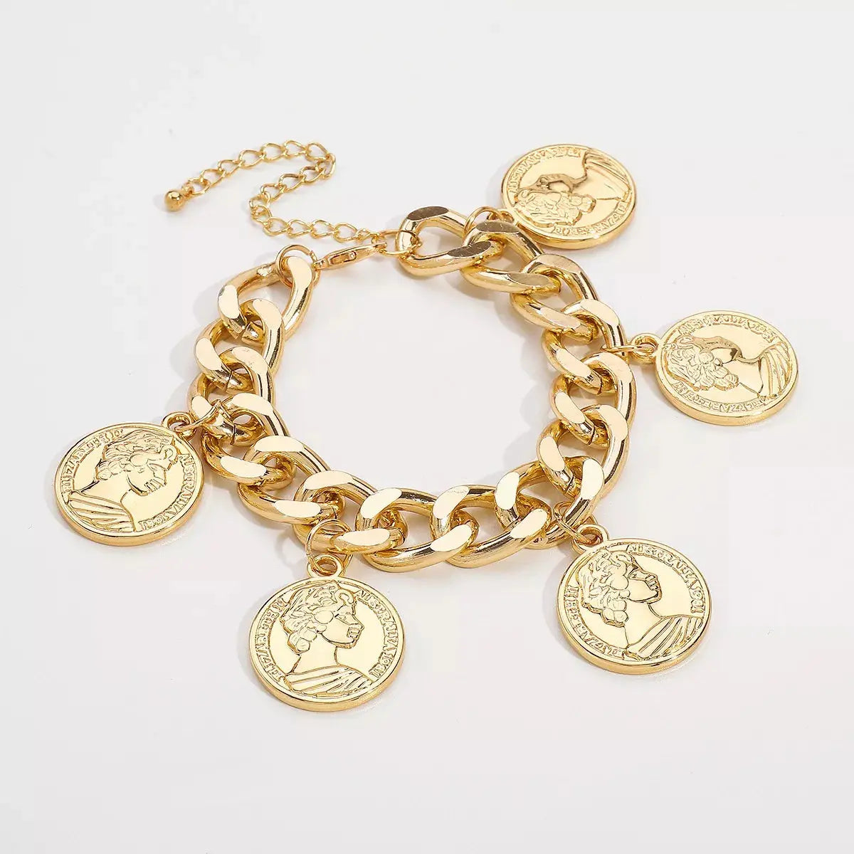 18K Gold-Plated Multi Coin Charm Bracelet – Chunky Curb Chain Statement Piece Vicsxox.com