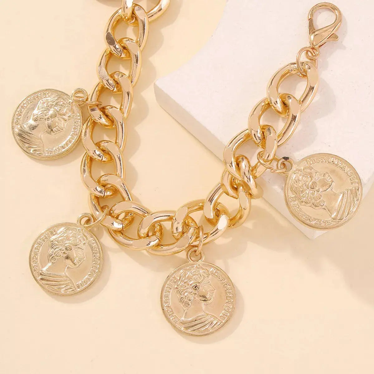 18K Gold-Plated Multi Coin Charm Bracelet – Chunky Curb Chain Statement Piece. Vicsxox.com