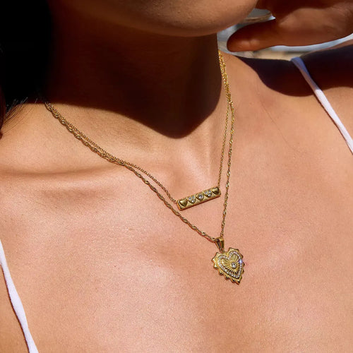 Close-up of zircon pendant on gold necklace