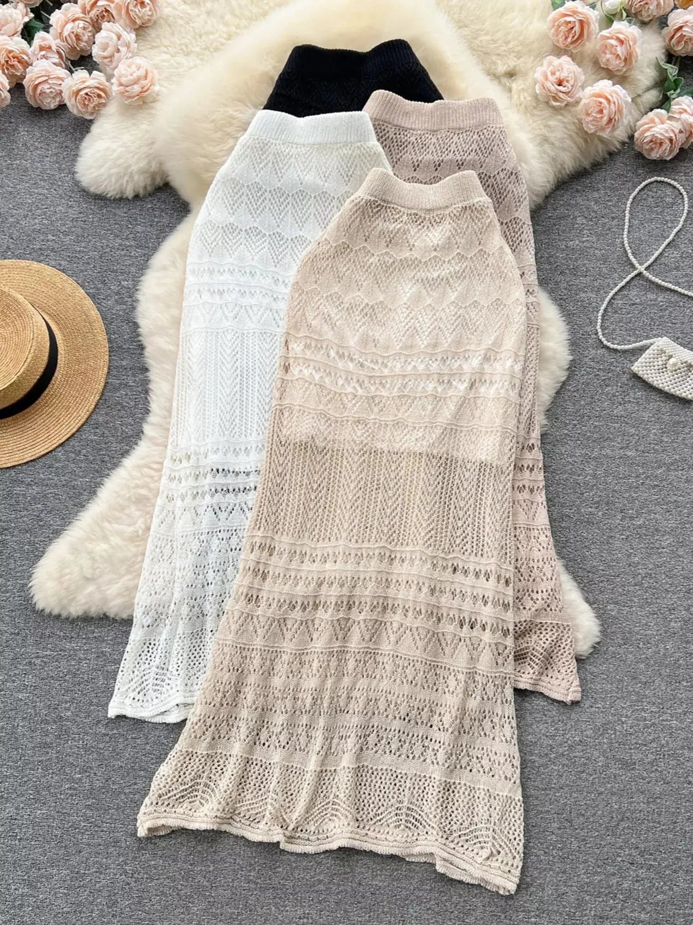 Knitted hollow out maxi skirt, front view