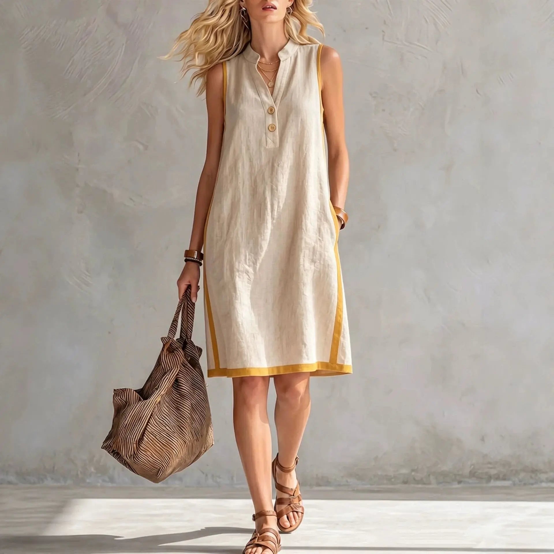 Woman wearing a beige sleeveless dress with yellow trim, holding a brown bag against a plain background.