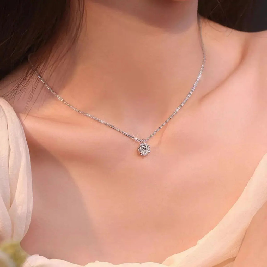 1ct Moissanite Flower Prong Solitaire Pendant Necklace in Sterling Silver Vicsxox.com