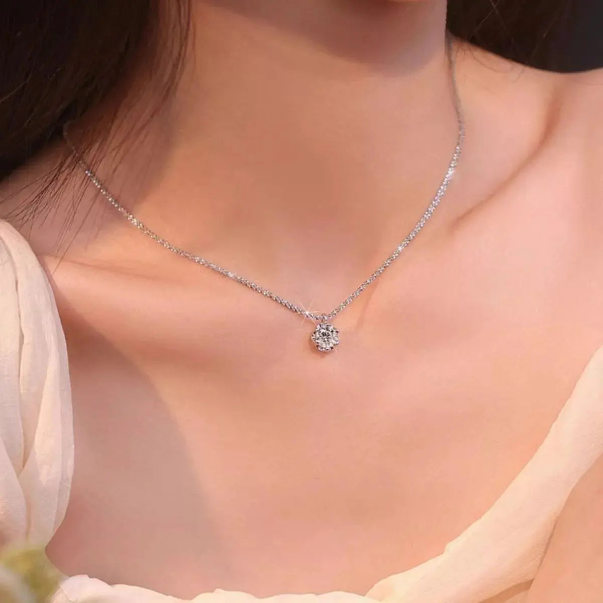 1ct Moissanite Flower Prong Solitaire Pendant Necklace in Sterling Silver Vicsxox.com