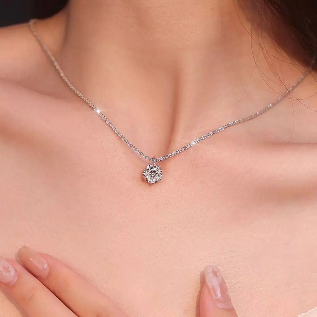 1ct Moissanite Flower Prong Solitaire Pendant Necklace in Sterling Silver Vicsxox.com