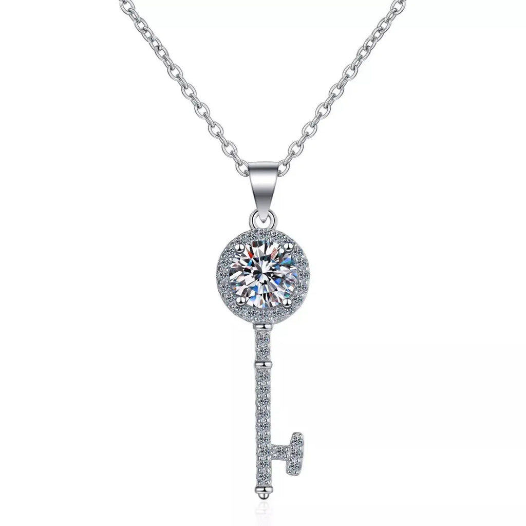 1ct Moissanite Pavé Key Pendant Necklace in Sterling Silver Vicsxox.com