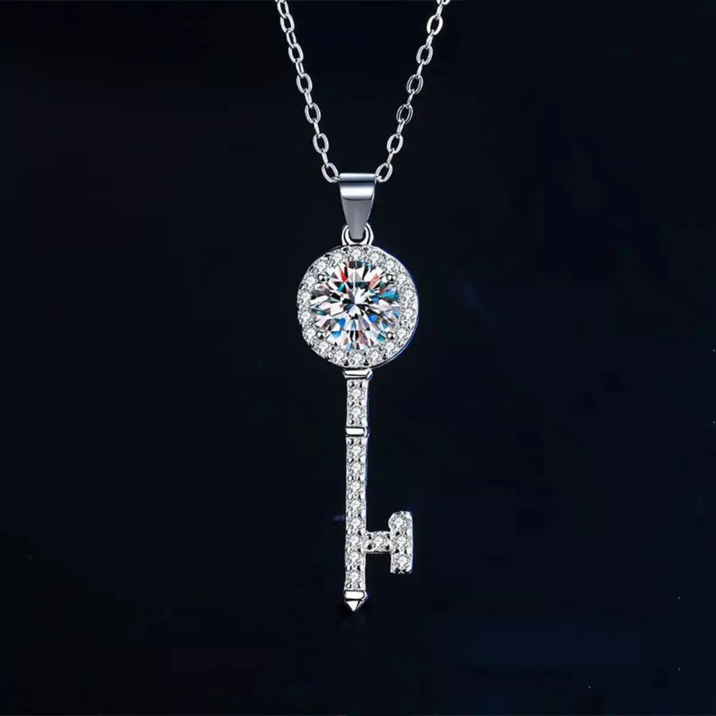 1ct Moissanite Pavé Key Pendant Necklace in Sterling Silver