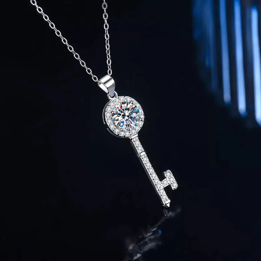 1ct Moissanite Pavé Key Pendant Necklace in Sterling Silver Vicsxox.com