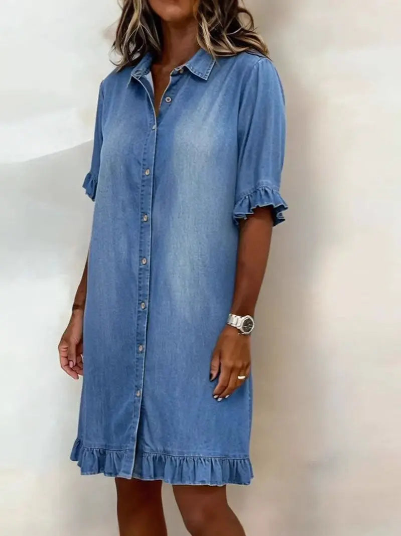 Women's Faux Denim Ruffle-Sleeve Shirt Dress Vicsxox