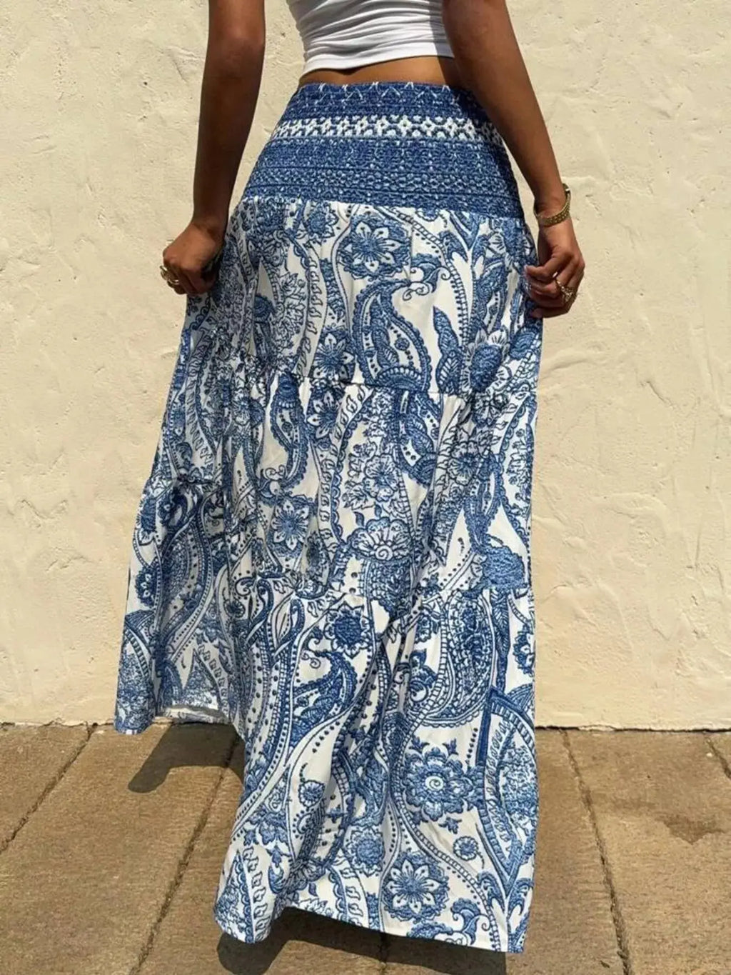 Paisley print tiered maxi skirt styled on model