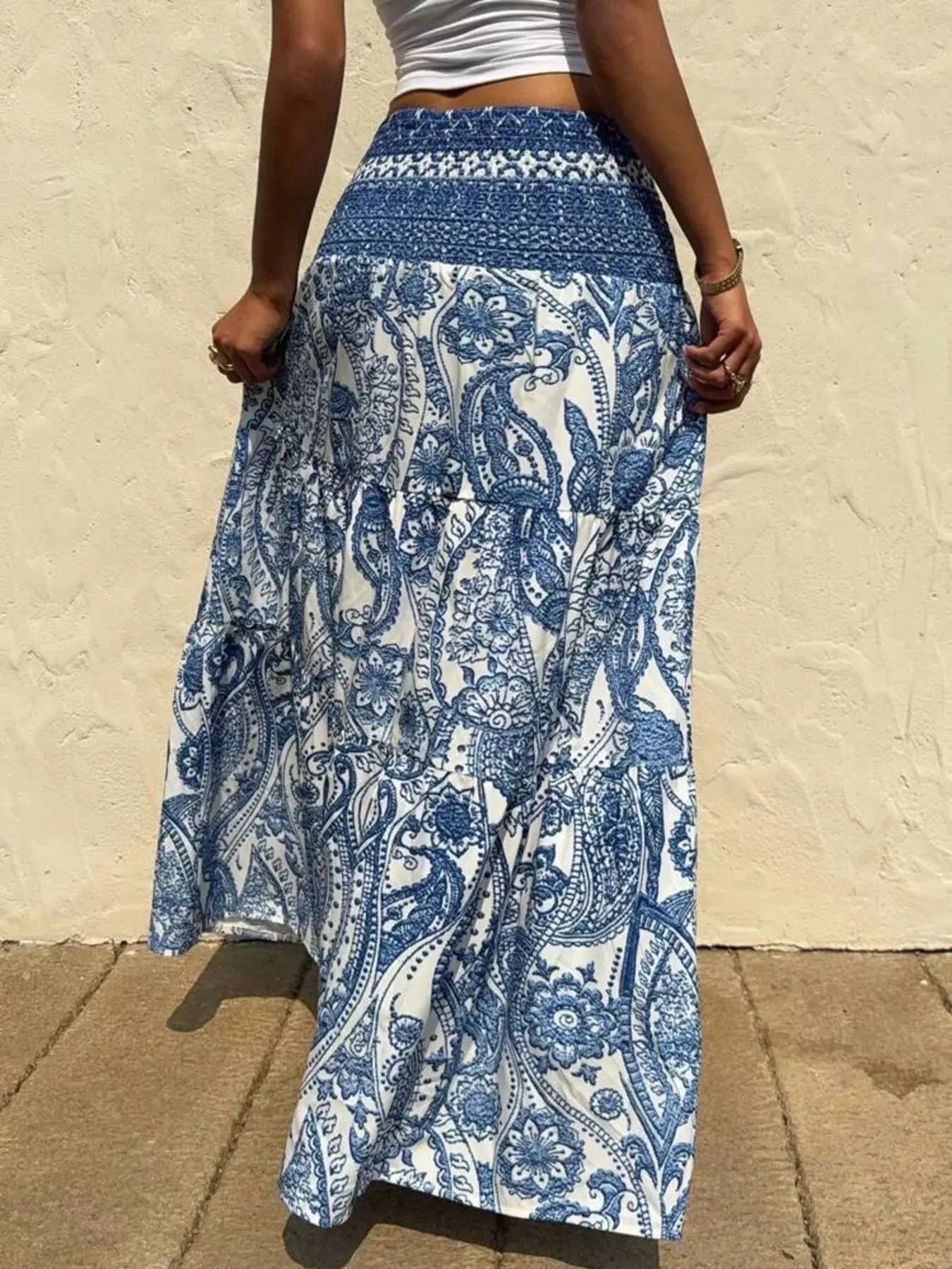 Paisley print tiered maxi skirt styled on model