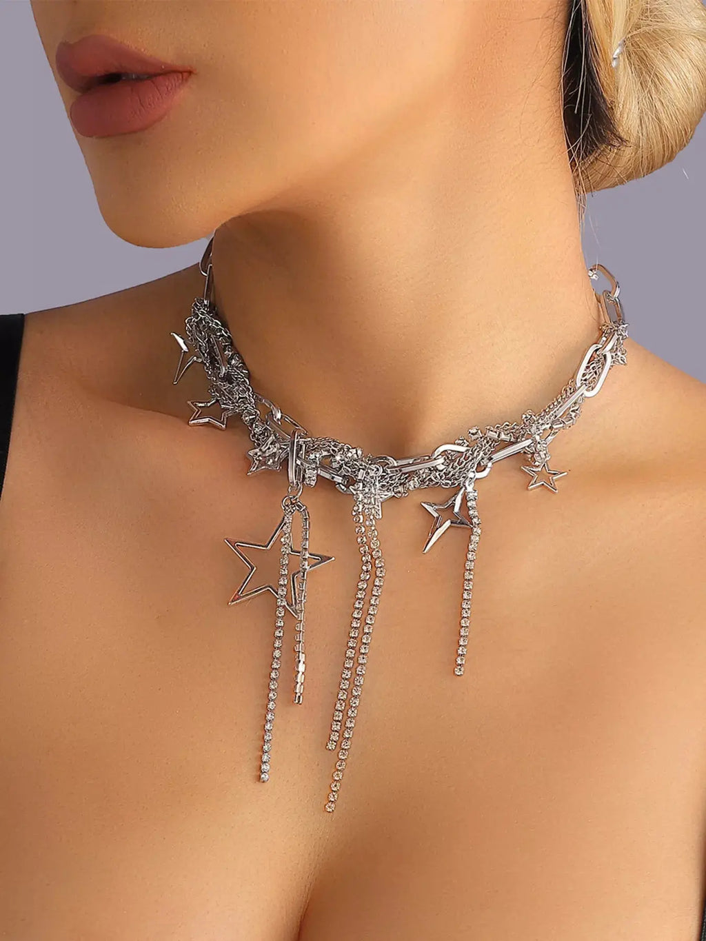 Chunky chain star tassel necklace, front view