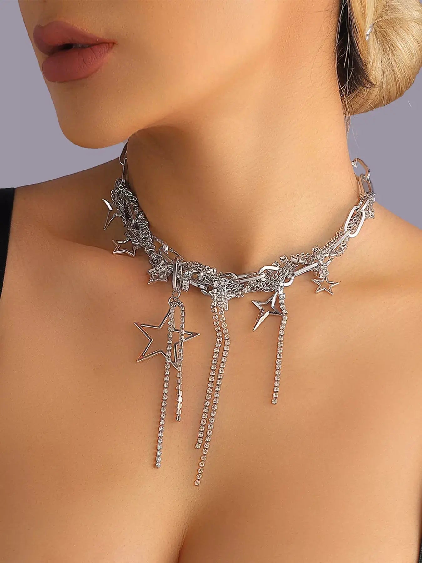 Chunky chain star tassel necklace, front view